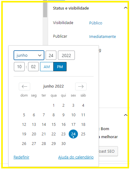 Imagem mostrando como é o calendário de agendamento de postagens do WordPress
